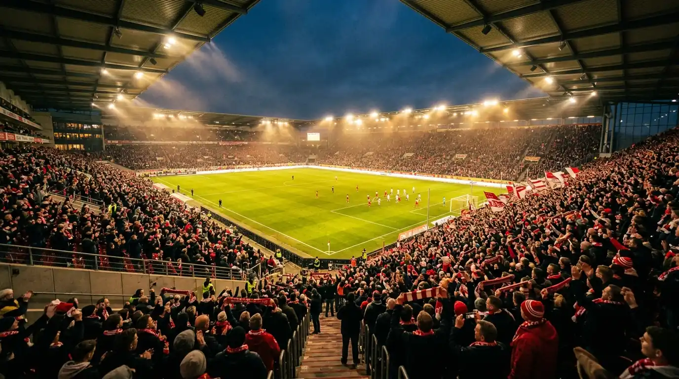 Estadio de la 2. Bundesliga durante un partido con grada llena y ambiente nocturno